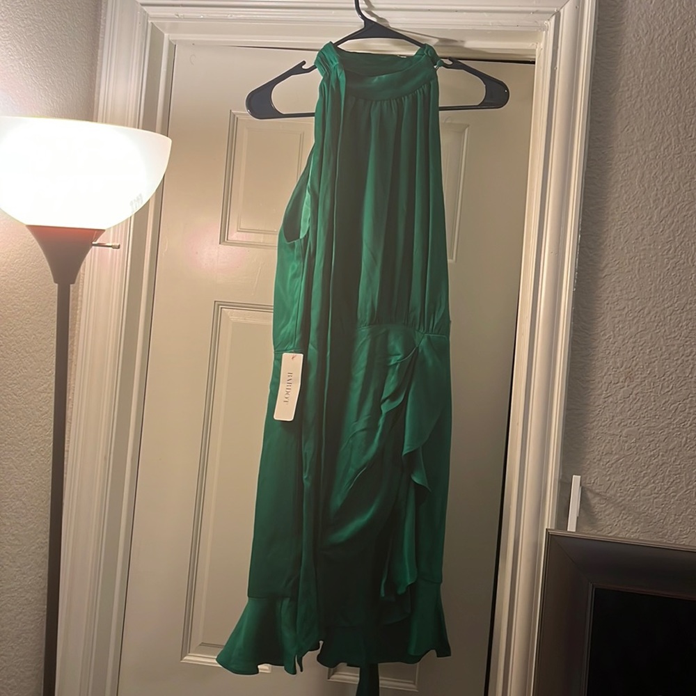 Sleeveless green dress by Bardot.